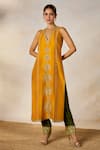 Masaba_Yellow Kurta Dupion Silk Embroidery Amaltas Jacket The Aam Panna Pant Set _Online