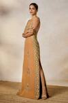 Masaba_Brown Moss Crepe Embroidery Sequins Square Neck The Mishti Doi Gown _at_Aza_Fashions