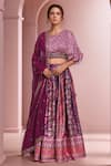 Buy_Samyukta Singhania_Purple Blouse And Lehenga Dull Satin Printed Paisley Asymmetric Geometric Set _at_Aza_Fashions