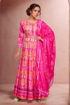 Buy_Samyukta Singhania_Pink Chiffon Embroidery Round Neck Foliage Print Anarkali With Dupatta _at_Aza_Fashions