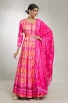 Buy_Samyukta Singhania_Pink Chiffon Embroidery Round Neck Foliage Print Anarkali With Dupatta 