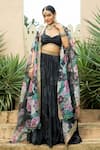 Buy_MONK & MEI BY SONIA ANAND_Black Georgette Embellished Floral Cape Open Aafia Printed Tiered Lehenga Set 