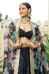 Shop_MONK & MEI BY SONIA ANAND_Black Georgette Embellished Floral Cape Open Aafia Printed Tiered Lehenga Set _at_Aza_Fashions