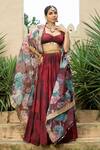 Buy_MONK & MEI BY SONIA ANAND_Maroon Georgette Embellished Floral Cape Open Aafia Print Tiered Lehenga Set 