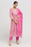 Buy Naintara Bajaj Pink Cotton Embroidery, Mirrors V-neck Florid Print Aliya Cut Kurta Pant Set Buy_Naintara Bajaj_Pink Cotton Embroidery, Mirrors V-neck Florid Print Aliya Cut Kurta Pant Set