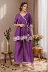 Buy_Samyukta Singhania_Purple Silk Blend Printed Abstract V Neck Sleeve Cuff Tunic And Palazzo Set _at_Aza_Fashions