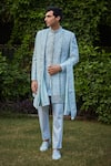 Buy_Bohame_Blue Sherwani Raw Silk Embroidered Bead Lumiere Geometric Pant Set _at_Aza_Fashions