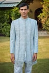 Buy_Bohame_Blue Sherwani Raw Silk Embroidered Bead Lumiere Geometric Pant Set _Online_at_Aza_Fashions