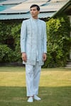 Bohame_Blue Sherwani Raw Silk Embroidered Bead Lumiere Geometric Pant Set _at_Aza_Fashions