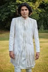 Bohame_Off White Sherwani Raw Silk Embroidered Bead Imperial Dawn Wave Pant Set _Online_at_Aza_Fashions