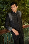 Bohame_Black Jacket Raw Silk Embellished Bead Celestia Scatter Sherwani Set _Online_at_Aza_Fashions