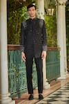 Bohame_Black Jacket Raw Silk Embellished Bead Celestia Scatter Sherwani Set _at_Aza_Fashions