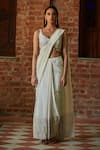 Bohame_Off White Cupro Crepe Embroidery Milky Way Pre-draped Saree With Blouse _at_Aza_Fashions