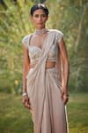 Buy_Bohame_Beige Cupro Crepe Embroidery Geometric Pamela Pre-draped Saree With Blouse _Online_at_Aza_Fashions