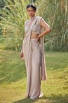 Shop_Bohame_Beige Cupro Crepe Embroidery Geometric Pamela Pre-draped Saree With Blouse _Online_at_Aza_Fashions