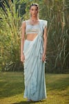 Bohame_Blue Cupro Crepe Embroidery Geometric Bela Pre-draped Saree With Blouse _at_Aza_Fashions