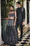 Shop_Bohame_Black Raw Silk Embroidery Cutdana Sweetheart Neck Murky Lehenga Set 