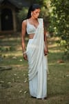 Bohame_Off White Cupro Crepe Embroidery Saida Stripe Pre-draped Saree With Blouse _Online_at_Aza_Fashions