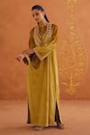 Inej_Yellow Velvet Embroidered Ghungroo Round Floral Maxi Dress _Online_at_Aza_Fashions