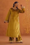 Shop_Inej_Yellow Velvet Embroidered Floral Round Placement Straight Kurta Pant Set _Online_at_Aza_Fashions