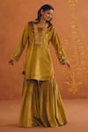 Shop_Inej_Yellow Velvet Embroidered Floral Blunt V Short Kurta Gharara Set _at_Aza_Fashions