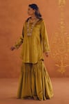 Inej_Yellow Velvet Embroidered Floral Blunt V Short Kurta Gharara Set _Online_at_Aza_Fashions