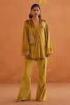 Buy_Inej_Yellow Velvet Embroidered Floral Lapel Collar Top With Bell Bottom Pant _at_Aza_Fashions