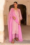 Buy_KARAJ JAIPUR_Pink Kurta Pure Tabby Silk Embroidery Aari Notched Straight And Pant Set _at_Aza_Fashions