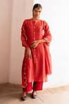 Buy_KARAJ JAIPUR_Red Kurta And Dupatta Pure Crushed Tissue Embroidery Mirror Band Button Down Set _at_Aza_Fashions