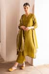 Buy_KARAJ JAIPUR_Green Kurta And Dupatta Pure Crushed Tissue Embroidery Mirror Button Down Set _at_Aza_Fashions