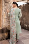 Shop_KARAJ JAIPUR_Green Kurta Pure Crushed Tissue Print Beads V-neck Mirror Embroidered Set _at_Aza_Fashions