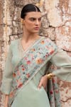 KARAJ JAIPUR_Green Kurta Pure Crushed Tissue Print Beads V-neck Mirror Embroidered Set _Online_at_Aza_Fashions