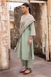 Buy_KARAJ JAIPUR_Green Kurta Pure Crushed Tissue Print Beads V-neck Mirror Embroidered Set _Online_at_Aza_Fashions