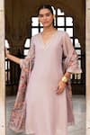 Shop_KARAJ JAIPUR_Purple Kurta Pure Crushed Tissue Print Beads V-neck Embroidered Straight Set _Online_at_Aza_Fashions