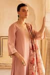 Shop_KARAJ JAIPUR_Pink Kurta Pure Crushed Tissue Print Zari Notched Embroidered Straight Set _Online_at_Aza_Fashions