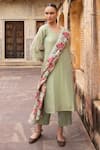 Buy_KARAJ JAIPUR_Green Kurta Pure Crushed Tissue Print Sequin Embroidered Straight And Pant Set _at_Aza_Fashions