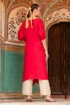 Shop_KARAJ JAIPUR_Red Dola Silk Embroidery Mirror V-neck Zari A-line Kurta With Pant _at_Aza_Fashions