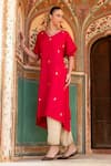 Buy_KARAJ JAIPUR_Red Dola Silk Embroidery Mirror V-neck Zari A-line Kurta With Pant _Online_at_Aza_Fashions