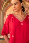 Shop_KARAJ JAIPUR_Red Dola Silk Embroidery Mirror V-neck Zari A-line Kurta With Pant _Online_at_Aza_Fashions