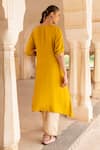 Shop_KARAJ JAIPUR_Yellow Dola Silk Embroidery Mirror V-neck Zari Asymmetric Kurta With Pant _at_Aza_Fashions