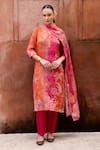 Buy_KARAJ JAIPUR_Pink Kurta Tabby Print Floral Notched Embroidered Straight And Pant Set _at_Aza_Fashions