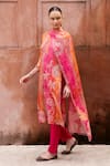 Buy_KARAJ JAIPUR_Pink Kurta Tabby Print Floral Notched Embroidered Straight And Pant Set _Online_at_Aza_Fashions