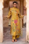 Buy_KARAJ JAIPUR_Yellow Kurta Tabby Print Floral Notched Zari Embroidered Straight And Pant Set _at_Aza_Fashions