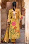 Shop_KARAJ JAIPUR_Yellow Kurta Tabby Print Floral Notched Zari Embroidered Straight And Pant Set _at_Aza_Fashions