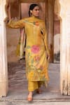 KARAJ JAIPUR_Yellow Kurta Tabby Print Floral Notched Zari Embroidered Straight And Pant Set _Online_at_Aza_Fashions