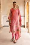 Buy_KARAJ JAIPUR_Pink Kurta Tabby Print Floral Notched Mirror Embroidered Straight And Pant Set _at_Aza_Fashions