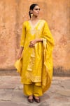 Buy_KARAJ JAIPUR_Yellow Kurta And Dupatta Banarasi Kota Doria Embroidery Patti & Pant Set _at_Aza_Fashions