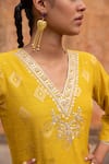 KARAJ JAIPUR_Yellow Kurta And Dupatta Banarasi Kota Doria Embroidery Patti & Pant Set _at_Aza_Fashions