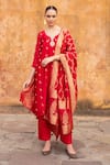 Buy_KARAJ JAIPUR_Red Kurta Chanderi Embroidery Mirror Notched Aari And Pant Set _at_Aza_Fashions