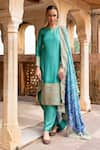 Buy_KARAJ JAIPUR_Blue Kurta And Pant Dola Silk Embroidery Dori Round Straight & Set _at_Aza_Fashions